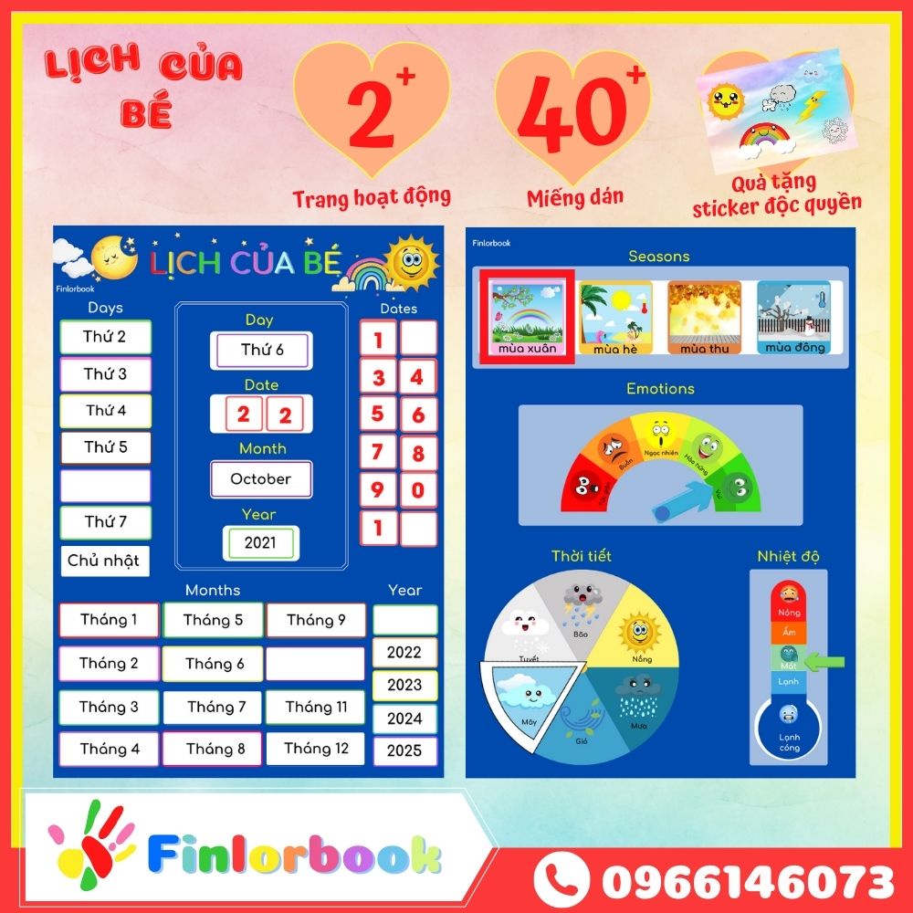 Lịch bóc dán cho bé hàng ngày xem thời gian thời tiết