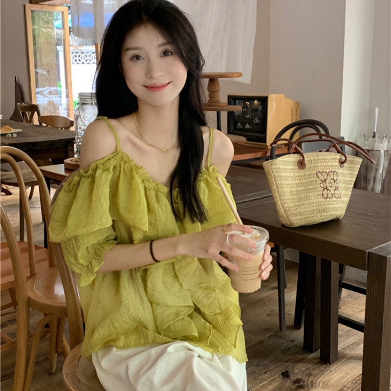 Áo Kiểu Trễ Vai Tay Ngắn Phối Bèo Thời Trang Mùa Hè Xinh Xắn Cho Nữ