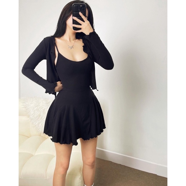 (New arrival) Đầm 2 dây thun gân xoè basic kèm áo khoác cardigan cực sexy và năng động cho bạn nữ mặc dạo phố tiệc tùng