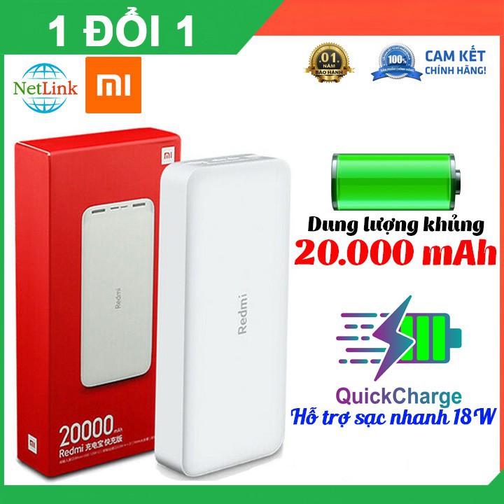 Sạc dự phòng Xiaomi Redmi 20000mAh Fast Charge - 2 cổng vào-Bảo Hành 3 năm