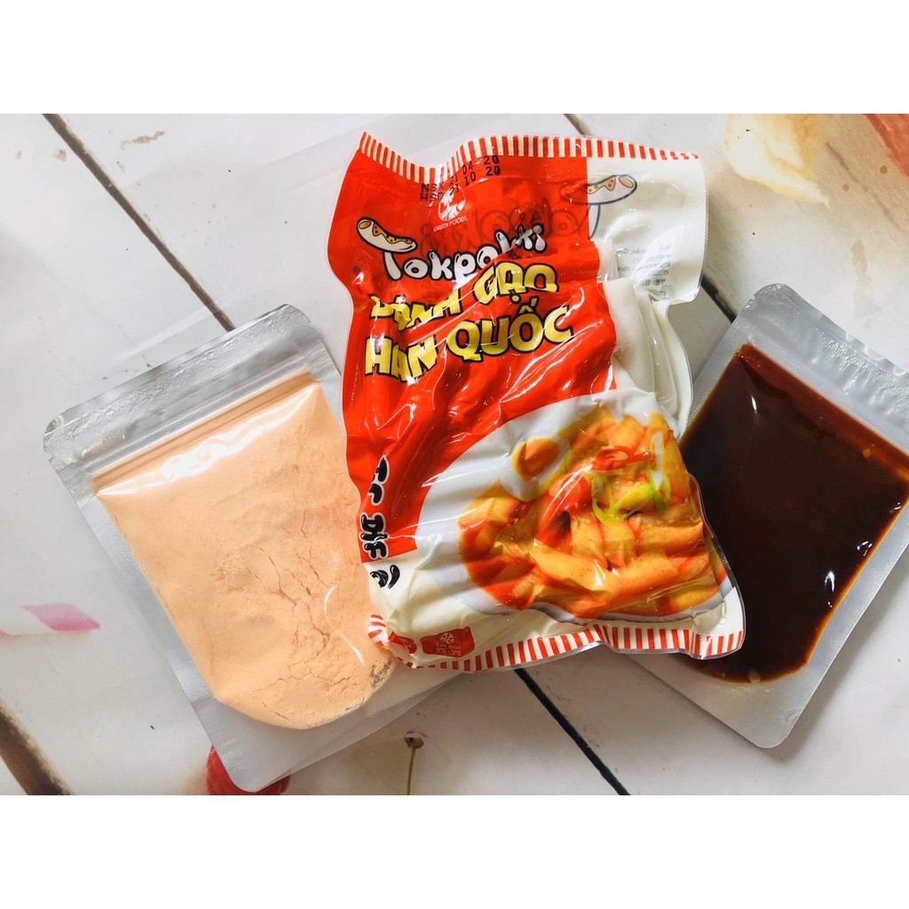 combo bánh gạo tokbokki +bánh gạo nhân phô mai green food+100g bột phô mai+100g sốt