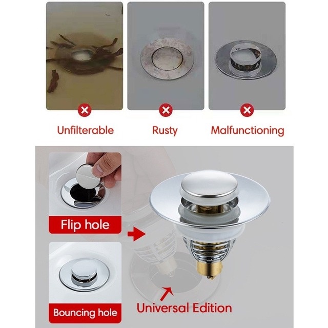 Nắp lọc làm từ thép không gỉ gắn lỗ thoát nước bồn rửa, Nắp thoát nước inox chặn rác, Nút nhấn bộ xả lavabo