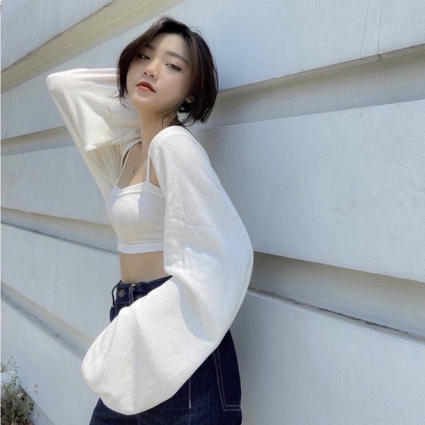 Set Quây Dáng Ôm Cardigan Tay Bồng Thun Tăm ⚡ Casper.Store | FREESHIP | ⚡ Bộ thun dáng ngắn hở bụng kèm áo khoác dài tay
