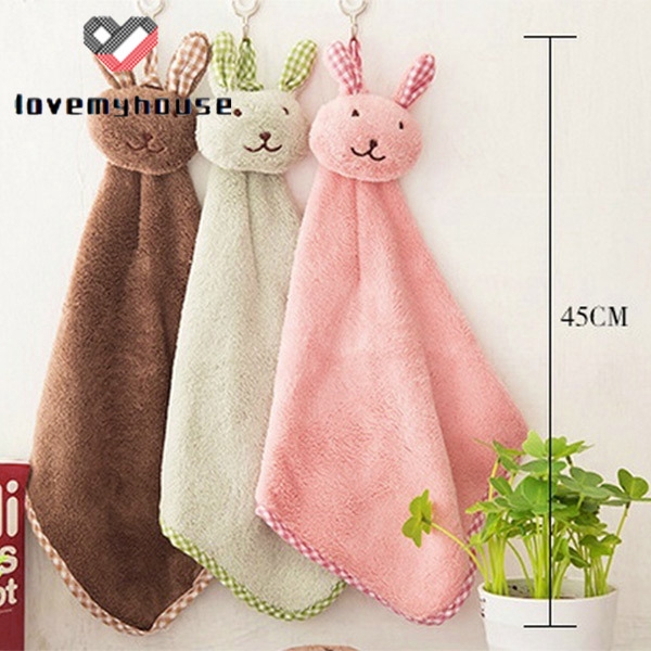 ☁ி☁ Cute Bunny Coral Fleece Hand Towel Kitchen Hanger Washcloth Fashion Lovely 