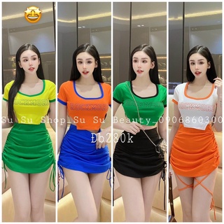 Sét áo cổ vuông nhọn tà róc mo phối chân váy rút dây 2 bên cực hot , chất thun bozip mềm mịn