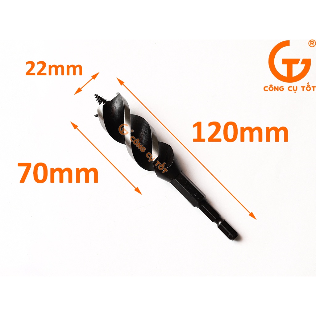 Mũi khoan gỗ xoắn ốc mũi vít 3 cạnh cắt Onishi chuôi lục 6 ly Ø22 x 120 x 70mm