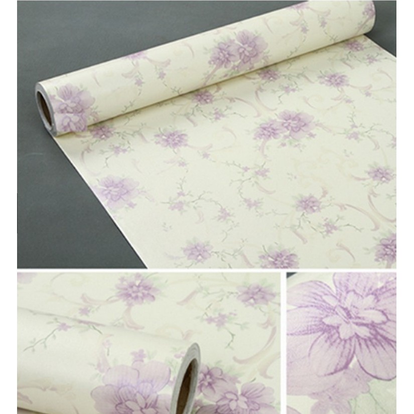 Cuộn 10m giấy dán tường HAI ĐÓA HỒNG TÍM khổ rộng 45cm