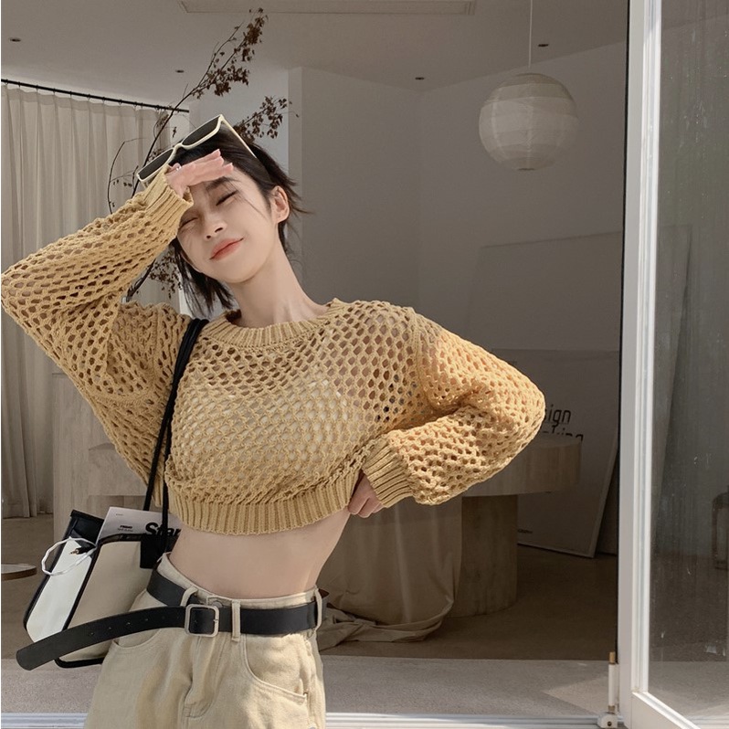 Áo croptop dài tay phối len đan cá tính A377