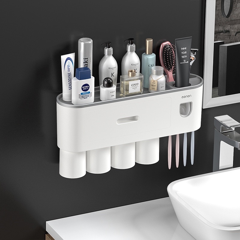Bộ nhả kem đánh răng tự động OENON - Đồ dùng phòng tắm, Kệ đựng bàn chải đánh răng dán tường kèm cốc