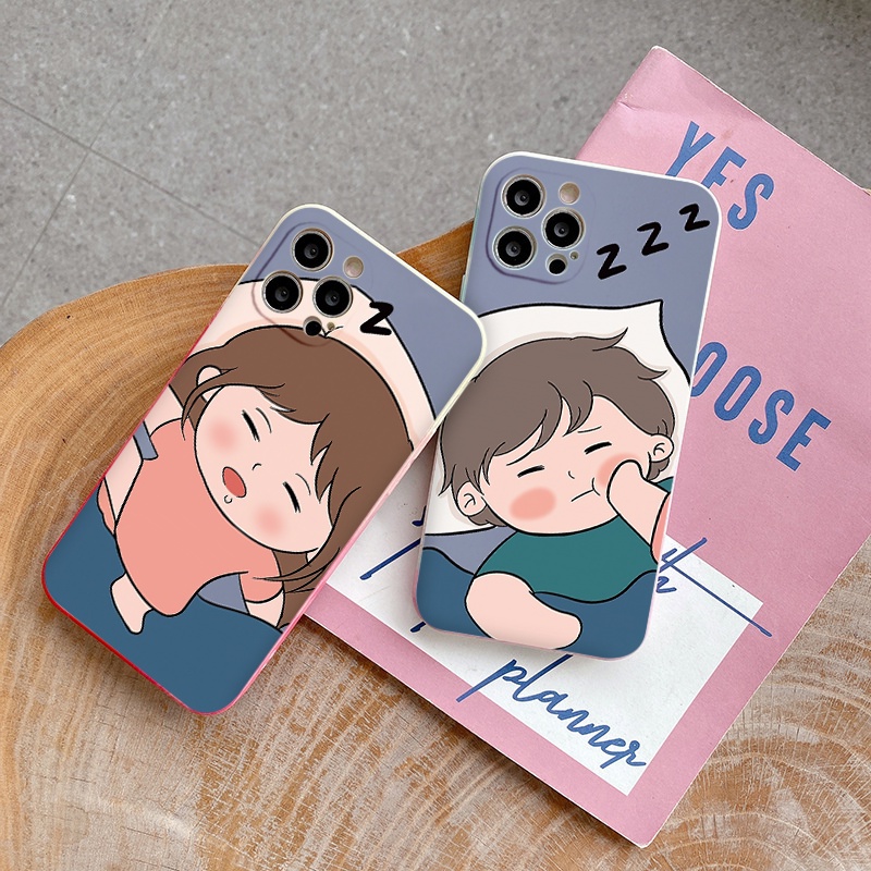 Ốp điện thoại hoạt hình cặp đôi viền vuông ngộ nghĩnh iPhone 13 12 11 pro max se 7plus 8plus 6plus x xr xsmax