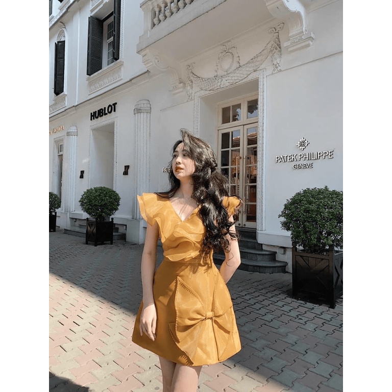 (Mẫu Mới) Sale Mạnh Đầm Voan Kiếng Tơ Cổ V Có Thắt Nơ Cực Đẹp UP Valentina Shop