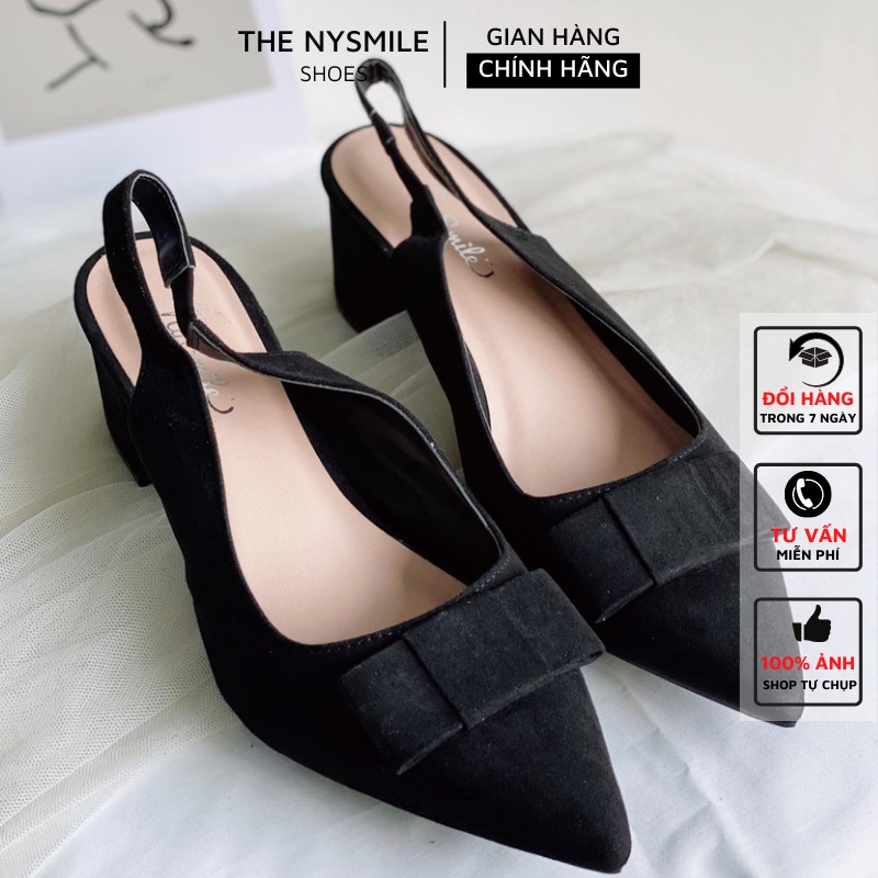 Giày cao gót mũi nhọn 5cm  FLASH SALE  - THENYSMILE- Gót vuông da lộn - NƠ HỞ GÓT
