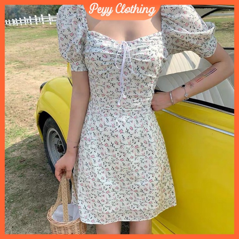Đầm vintage hoa nhí ngắn tay dáng ôm body phong cách ulzzang Hàn Quốc V98 - Peyy