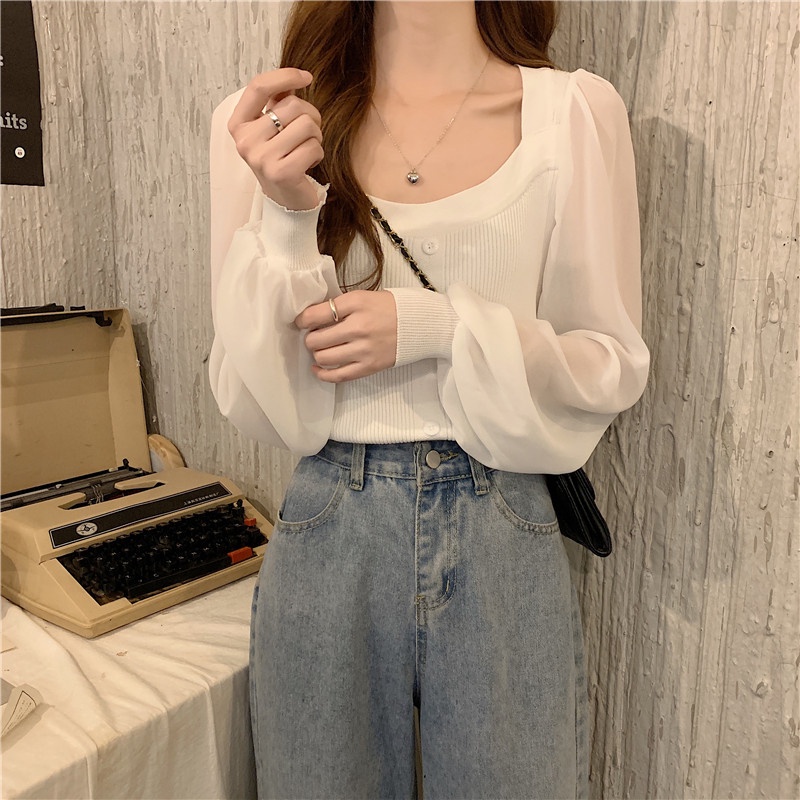 Áo chiffon ZHELIHANGFEI cổ vuông tay phồng thời trang sành điệu dành cho nữ