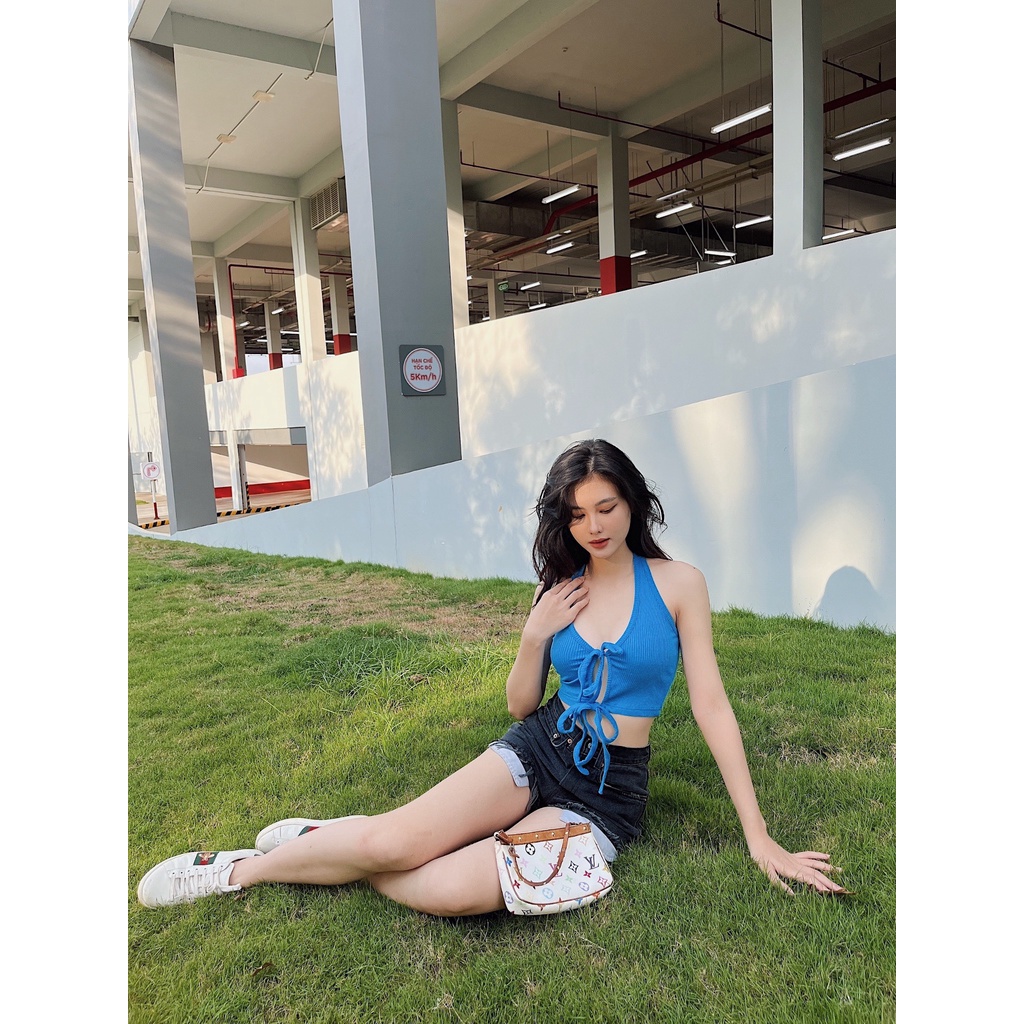 Áo croptop nữ yếm cột dây trơn chất liệu thun gân co giãn I HHVINTAGE