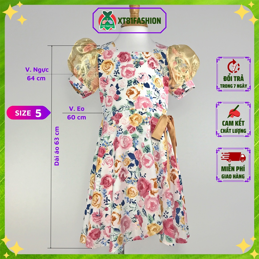 Đầm bé gái lụa hoa đắp chéo tà 2-14 tuổi tay bồng voan kính XT81Fashion co giãn mềm thời trang dự tiệc, dạo phố