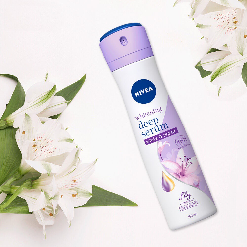 Xịt ngăn mùi nữ NIVEA Deep Serum 150ml trắng mịn hương hoa Lily | Hokkaido Rose