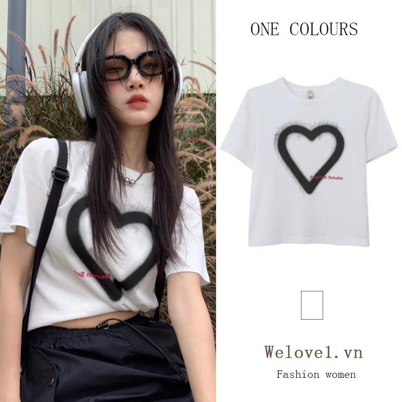 Áo Thun cotton Tay Ngắn Cổ Tròn In Họa Tiết Trái Tim Thời Trang Phong Cách Hàn Quốc Cho Nữ