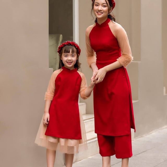 Áo dài đỏ tay voan (không kèm mấn)
