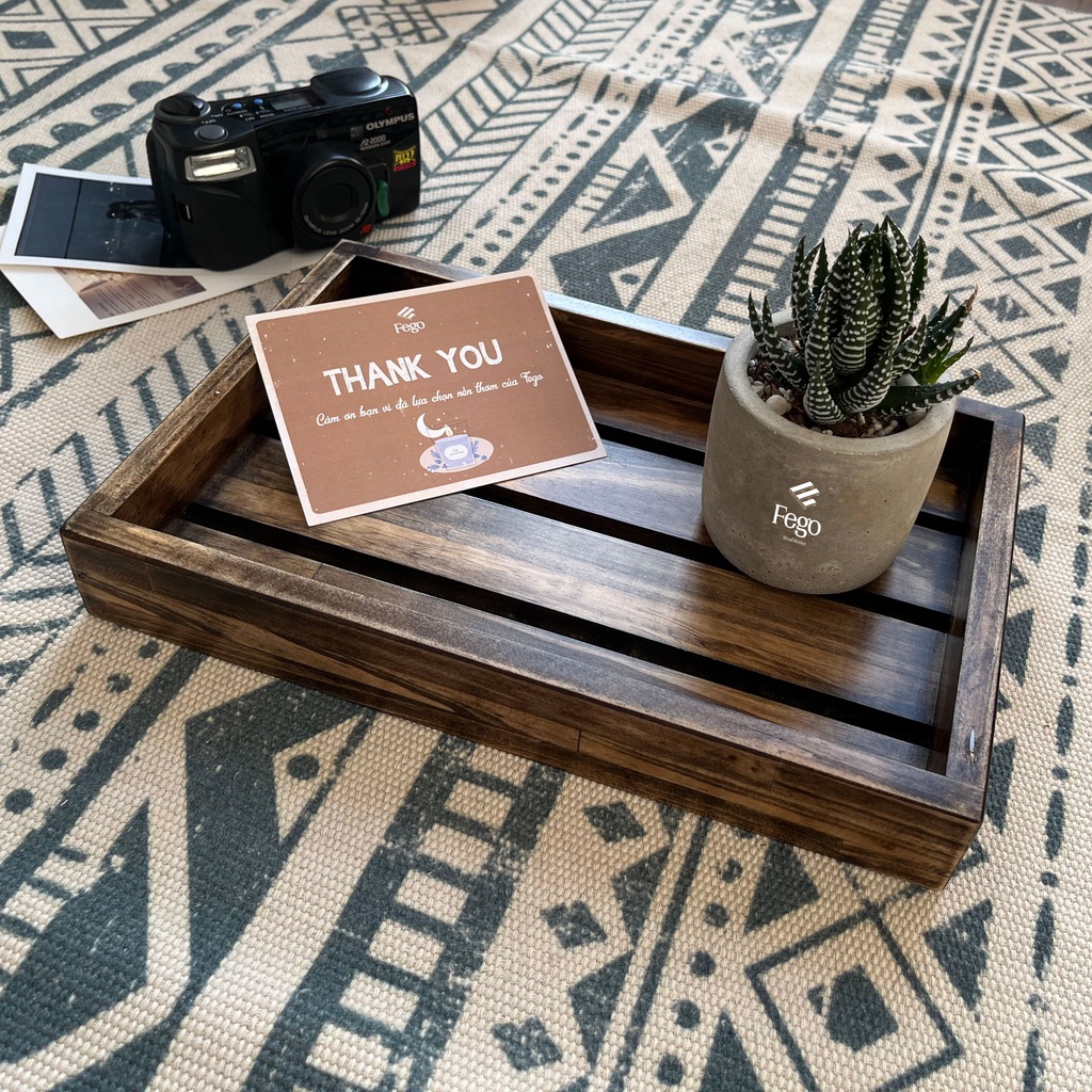 Khay gỗ thông tự nhiên FEGO có tay cầm để decor, trang trí, đựng đồ ăn, mỹ phẩm