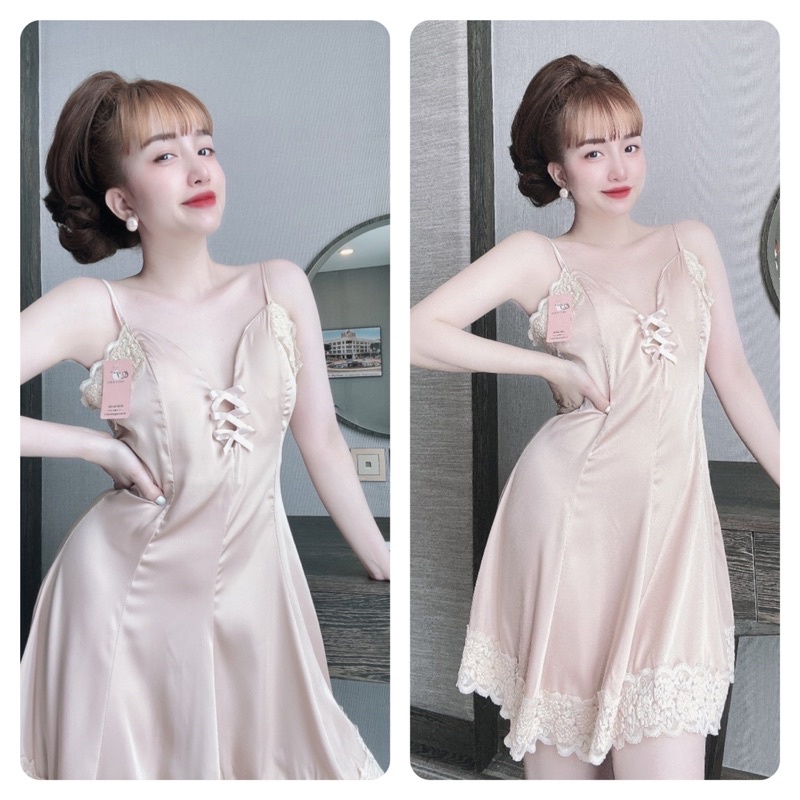Đầm Ngủ Lụa 2 Dây Sexy Nữ, Váy Ngủ Nữ, Lụa Latin phối ren kèm mút + Quần, hình chụp thật, Freesize 40_60kg,tuỳ chiều cao
