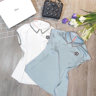 Áo sơ mi nữ lụa satin cao cấp viền đăng ten đính charm sang chảnh hai màu trắng và xanh ngọc