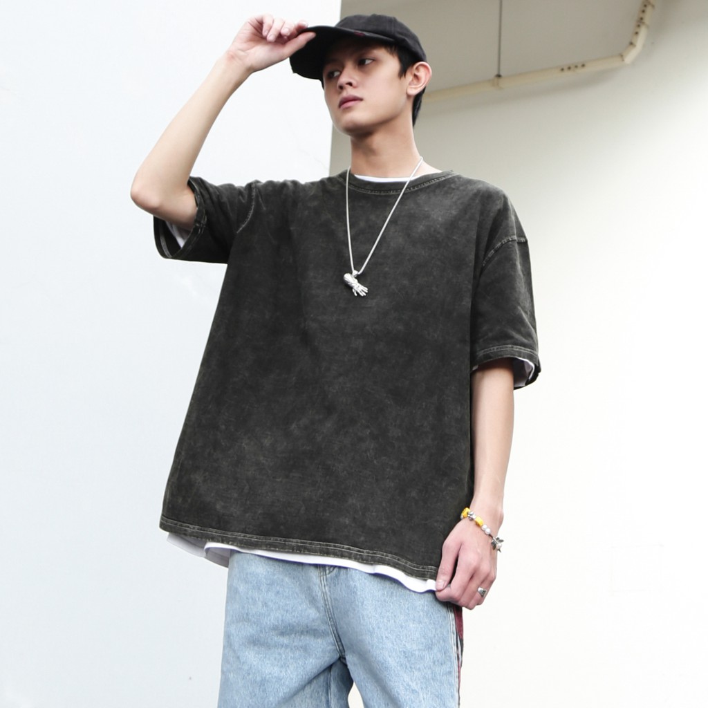 Áo Thun Wash Xám Đậm Trơn Chất Liệu Cotton Thoáng Mát