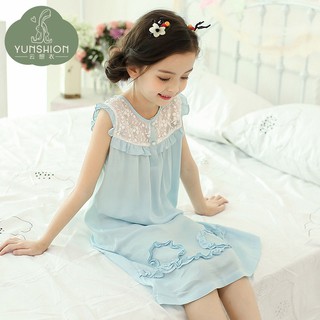 ❍♛◘Váy ngủ cho bé gái Yunxiangyi mùa hè công chúa cotton cô trung niên bộ đồ mỏng dành trẻ em