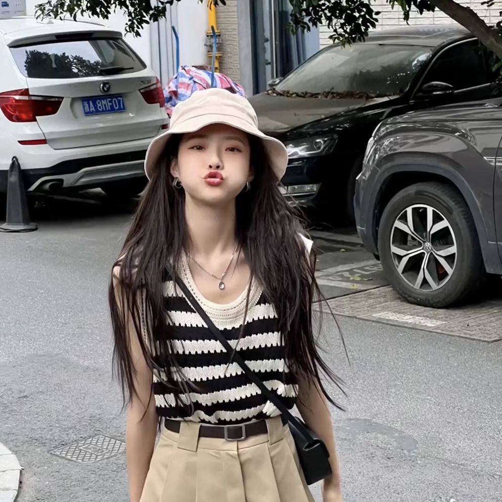 Áo Hai Dây Dệt Kim Dáng Rộng Họa Tiết Kẻ Sọc Phong Cách Hàn Quốc Cho Nữ