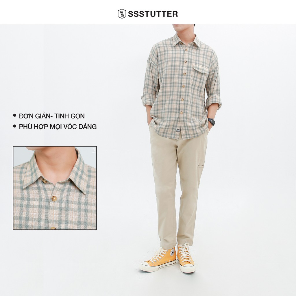 Áo sơ mi nam cổ đức dài tay SSSTUTTER hoạ tiết kẻ ô hàn quốc flan shirt