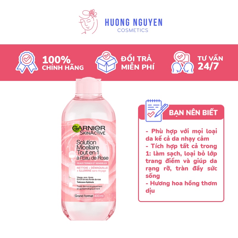 Nước Tẩy Trang Garnier Skin Active Solution Micellaire Tout En 1 A l'Eau de Rose 400ml Hồng Nhạt