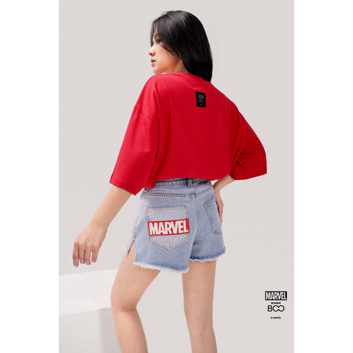 Quần Short BOO Jeans Nữ Cạp Cao Logo Marvel Phối Cào Rách Cá Tính
