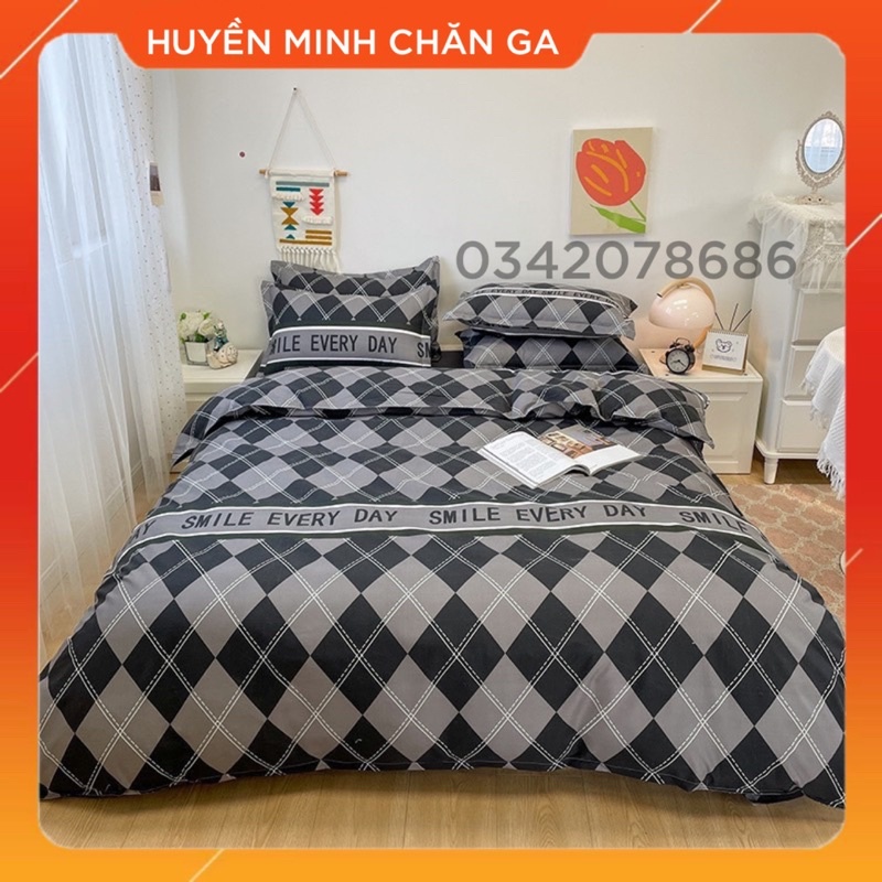 BỘ CHĂN GA GỐI Poly Cotton Hình Thoi Xám - Bộ Chăn Ga Gối Khách Sạn 5 Món Cao Cấp