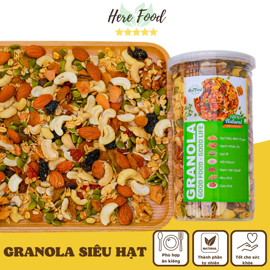 Granola siêu hạt mix 7 loại hạt dinh dưỡng ăn kiêng không đường - Ngũ cốc dinh dưỡng giảm cân nhiều vị hũ 500gr