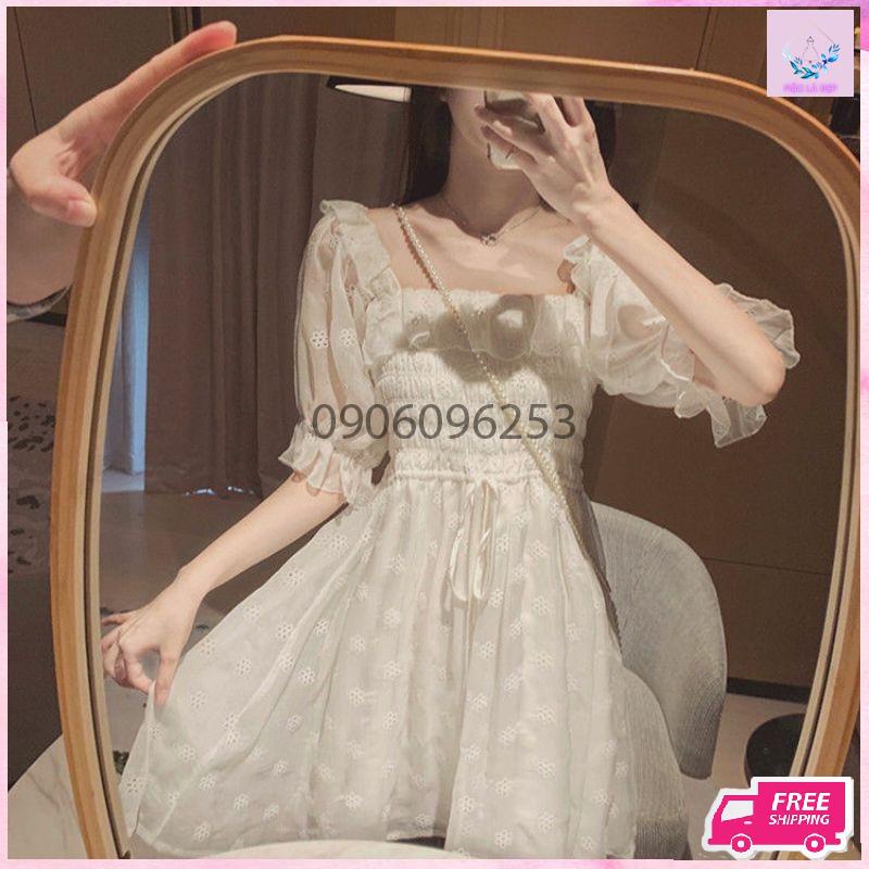 (Order quảng châu ) Đầm hoa voan trắng dáng ngắn dễ thương hàng quảng châu cao cấp