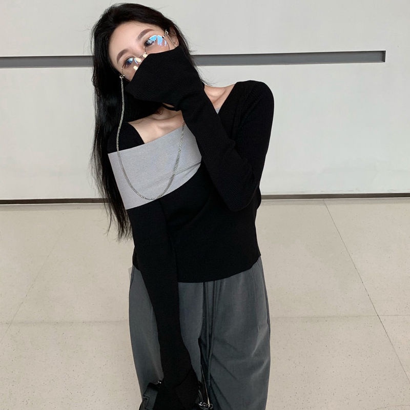 Áo Sweater Tay Dài Vạt Chéo Màu Tương Phản Độc Đáo Thời Trang 2022 Cho Nữ