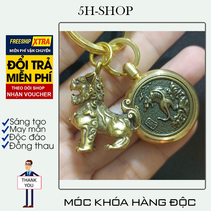 Móc khóa đồng thau vòng đeo tượng dây chuyền hình coi rồng-hình xu cọp-kỳ lân may mắn độc lạ phong cách bền bỉ đẹp.