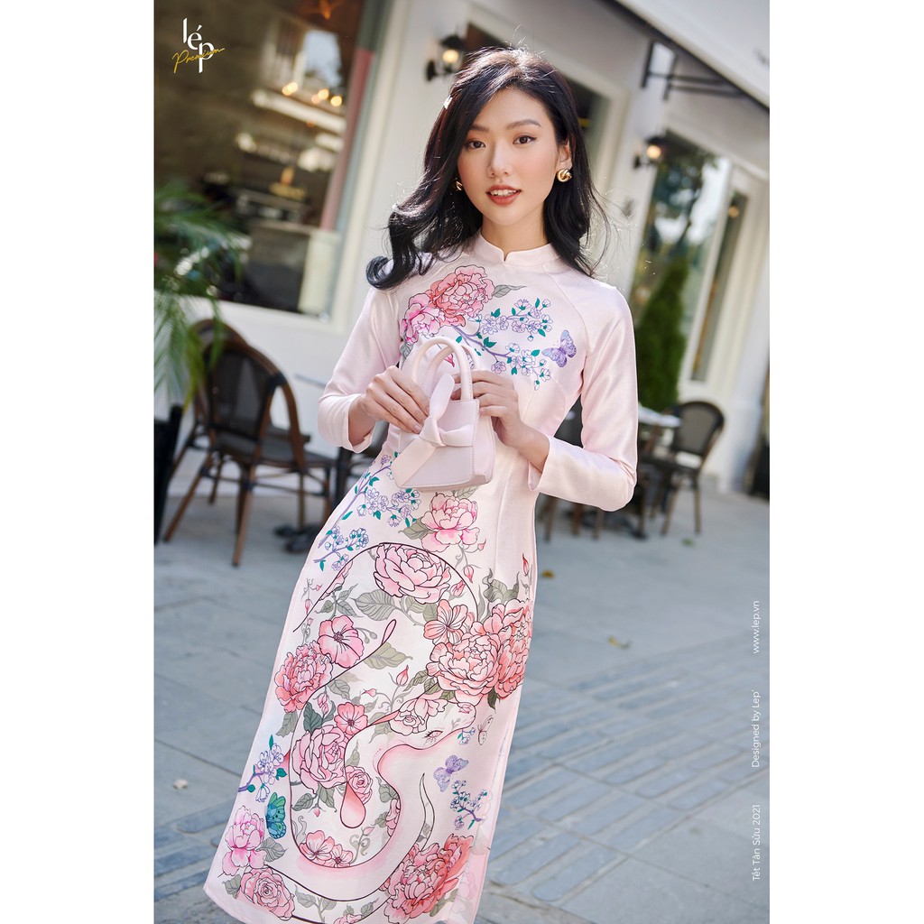 Áo dài Lép Lệ hoa - Hồng phấn "hoat tiết hoa phối họa tiết rắn"