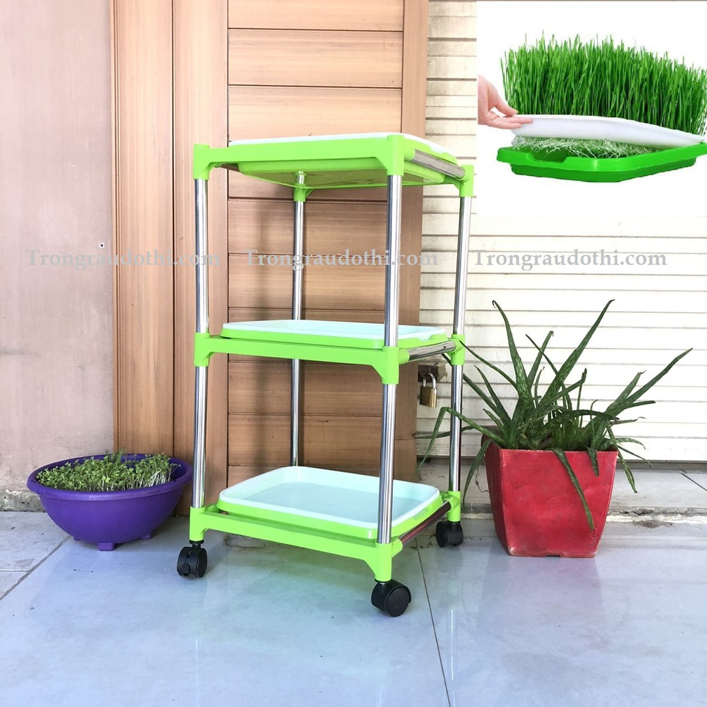 (TẶNG VÒI XỊT VÀ 200GRAM HẠT RAU MẦM ĐẬU HÀ LAN) Bộ chậu kệ trồng rau mầm lắp ghép 3 tầng 3 chậu