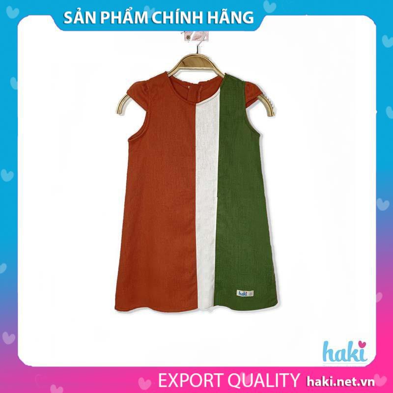 Váy bé gái linen suông chữ A phối kẻ sọc HK508, đầm hè thiết kế cho bé từ 10-27kg Haki