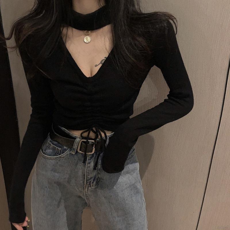 Áo Kiểu Dệt Kim Tay Dài Cổ Chữ V Có Dây Rút Giữa Màu Trơn Phong Cách Hàn Quốc