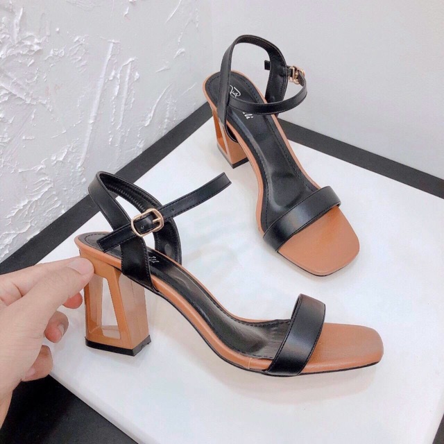 [ Sale 50% ] sandal cao gót nữ quai da phối màu dễ thương gót lỗ cá tính cực êm mềm mịn