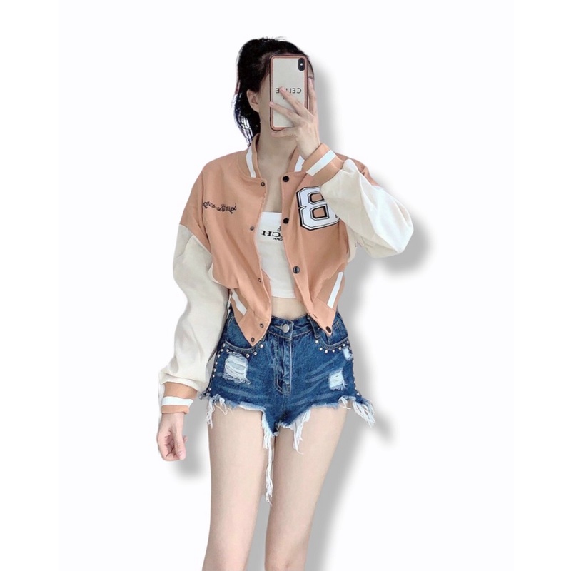 Áo Khoác Bomber Nữ Cúc Bấm Da Lộn Lên Form Chuẩn Hình - CLITUS FASHION