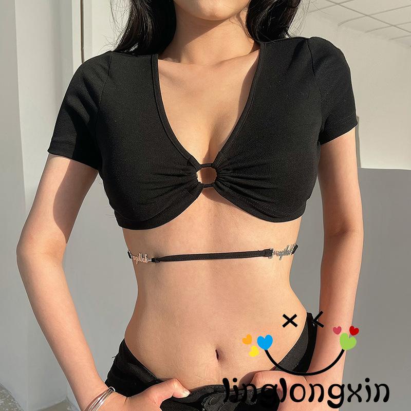 Linglongxi2-Women Wrapped Tops, Short Sleeve V Neck Cutout Solid Color Street Party Causal Summer Spring Shirt