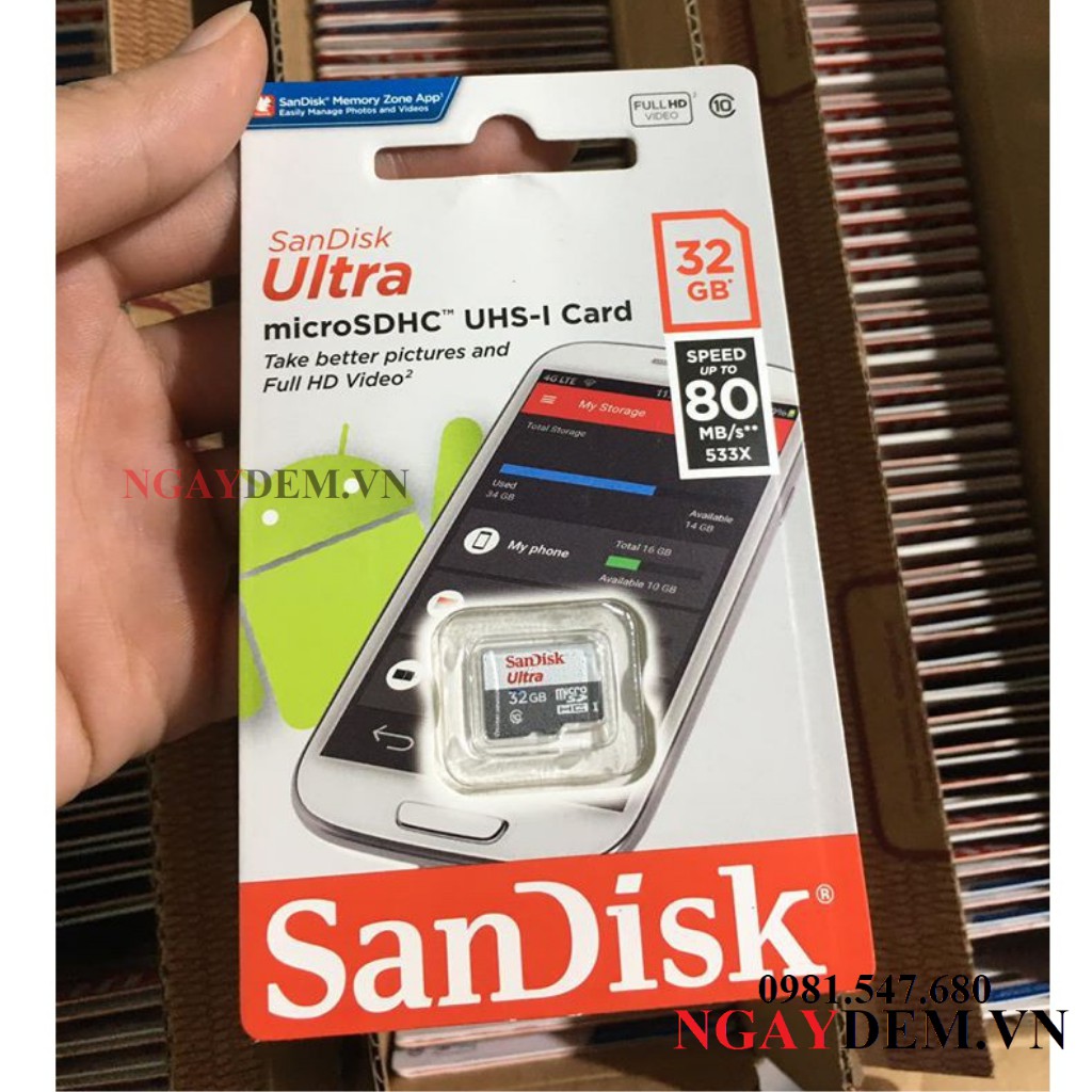 Thẻ Nhớ CaMicroSDHC SanDisk Ultra 16G/32GB/64G/ 80MB/S Class10- Hàng Chính Hãng - BH 2 Năm-NgayDem.vn -0324