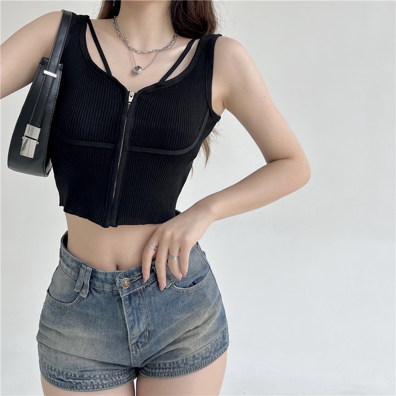 SUXI Áo Croptop Dệt Kim Không Tay Màu Sắc Đơn Giản Dễ Phối Đồ