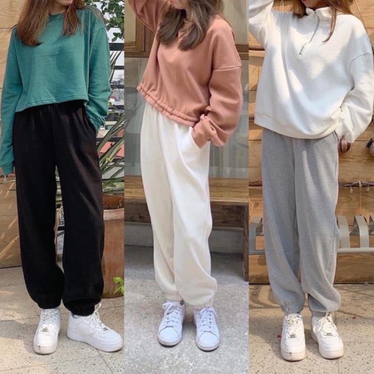 Quần jogger cạp chun bo gấu nỉ nhung tăm kiểu dáng Ulzzang hàng L1 dành cho nữ