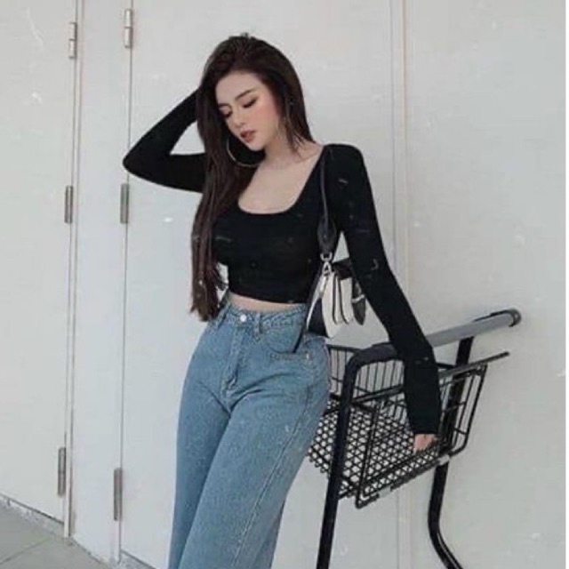 Áo zip croptop dài tay cổ vuông sexy siêu xinh l1 lina hv