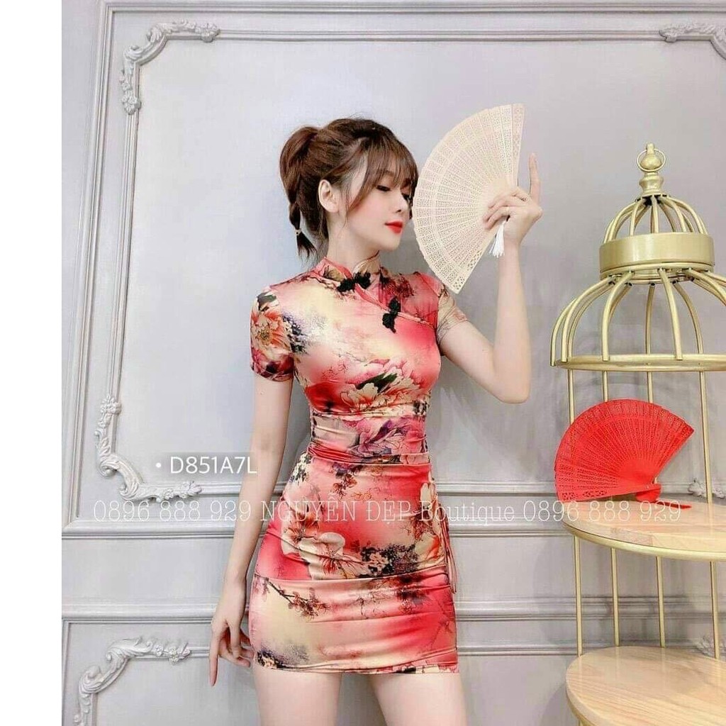 Váy đầm nữ body sườn xám cách tân nhún dây bên hồng