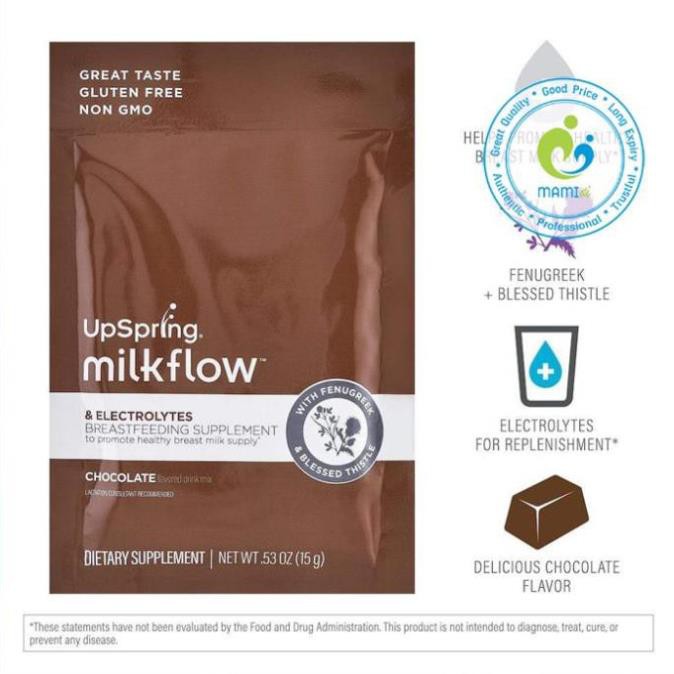 Ngũ cốc lợi sữa (16 gói) Upspring dâu/socola có Electrolytes điện giải cho mẹ bú Milkflow Fenugreek, Blessed Thistle, Mỹ